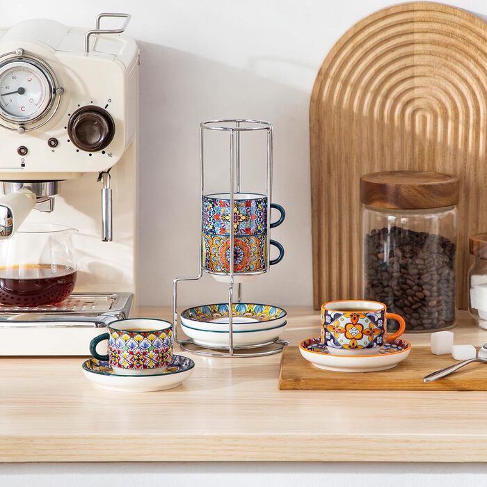 Набір чашок для еспресо Vancasso 4 шт., 150 мл SIMI, з підставками та стійкою, керамічні, для капучіно, еспресо, лате