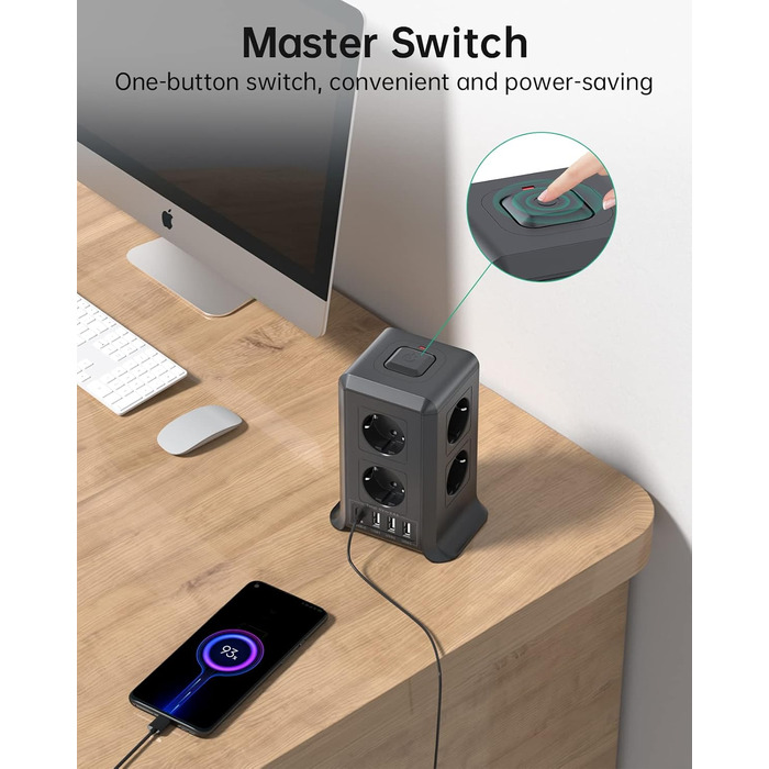 Багаторозкладна мережева панель Sameriver 8-fach з вимикачем, 4 USB, захист від перенапруги, 2м кабель, чорний