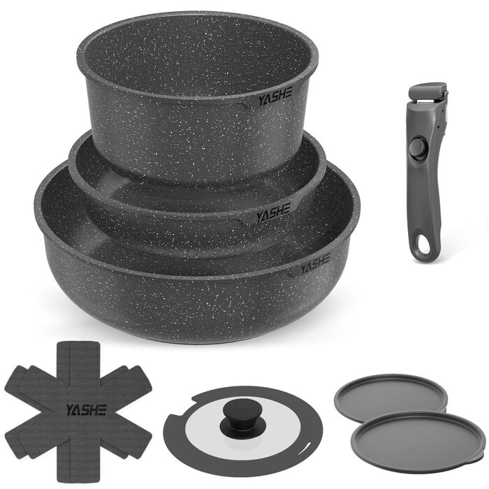 Набір каструль та сковорідок YASHE 9 шт. з антипригарним покриттям, білий (сірий), для всіх плит, знімний ручка, сумісний з духовкою, компактний, складений