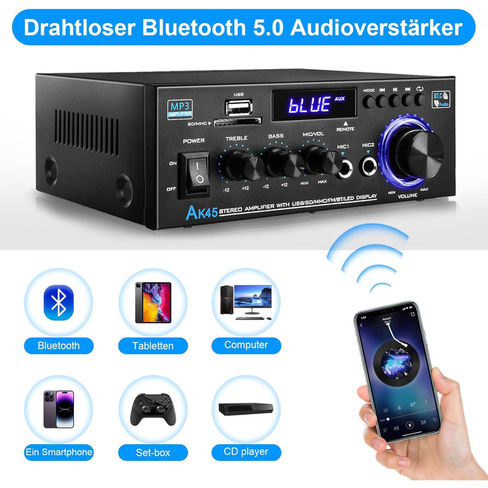 KKMOL AK45 Міні Hi-Fi стерео підсилювач Bluetooth, 400 Вт, 2-канальний, цифровий аудіо підсилювач з USB, SD, радіо, пультом, 12V/220V