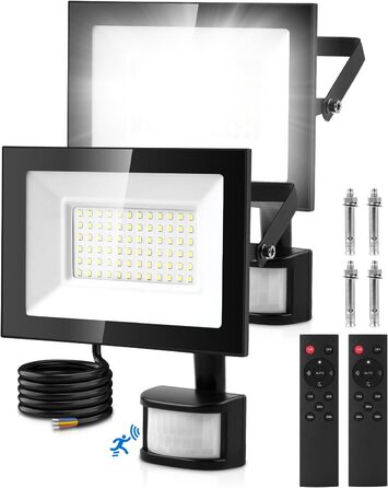 Світлодіодний прожектор Lightasea з датчиком руху, 10000 Лм, 50 Вт, IP66, холодне біле світло 6500K, з пультом, для вулиці, саду, двору, гаража, 2 шт.