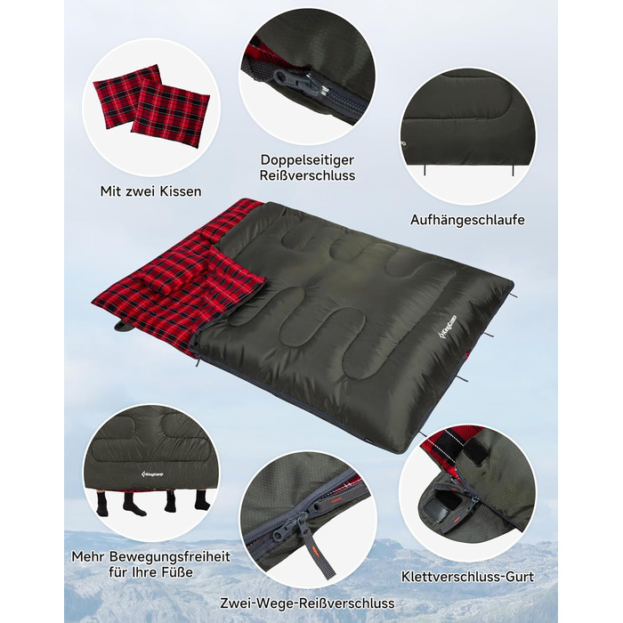 KingCamp 2-Person Sleeping Bag - Winter Warm Outdoor Sleeping Bag for Camping & Travel - 3-4 Season, Lightweight, with Flannel Pillows