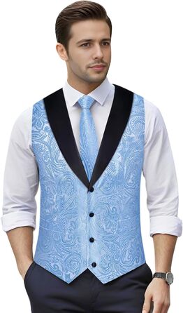 Костюм чоловічий DiBanGu 7-частинний: жакардовий піджак, жилет, краватка, кравецький комірець, сорочка, штани. Ідеально для весілля, свят, офіційних заходів. Кольори: золото та чорний (XXL, небесно-блакитний)