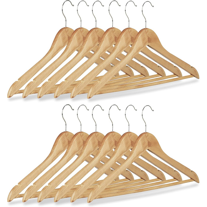 Relaxdays Clothes Hanger Set, 12 Wooden Pant Hangers, Wardrobe Hangers, 360° Swivel Hooks, WxH: 22.5x44.5cm, natural/silver