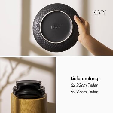 KIVY Dinnerware Set for 6 People [Scratch & Dishwasher Safe] 6x27cm + 6x22cm - Plate Set 12-Piece Modern - Dinnerware Set - Combination Service - Black Dinnerware Set - Black Plate Set - Matte Black Plates