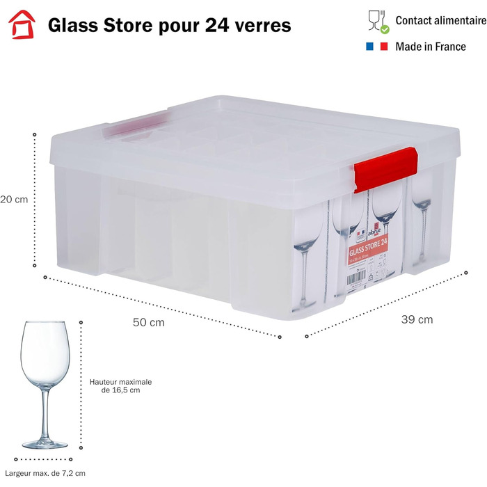 SUNDIS Glass Store, 27L Storage Box with Snap-on Lid, with 24 Compartments for Storing Stemware, Clear Plastic, Reinforced, Stackable