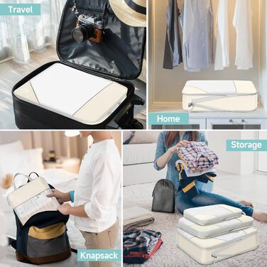 Набір кубиків для пакування 10 шт. Компресійні органайзери для валізи. Кольори: бежевий + чорний. Організація багажу в подорожі, розширені кишені для одягу