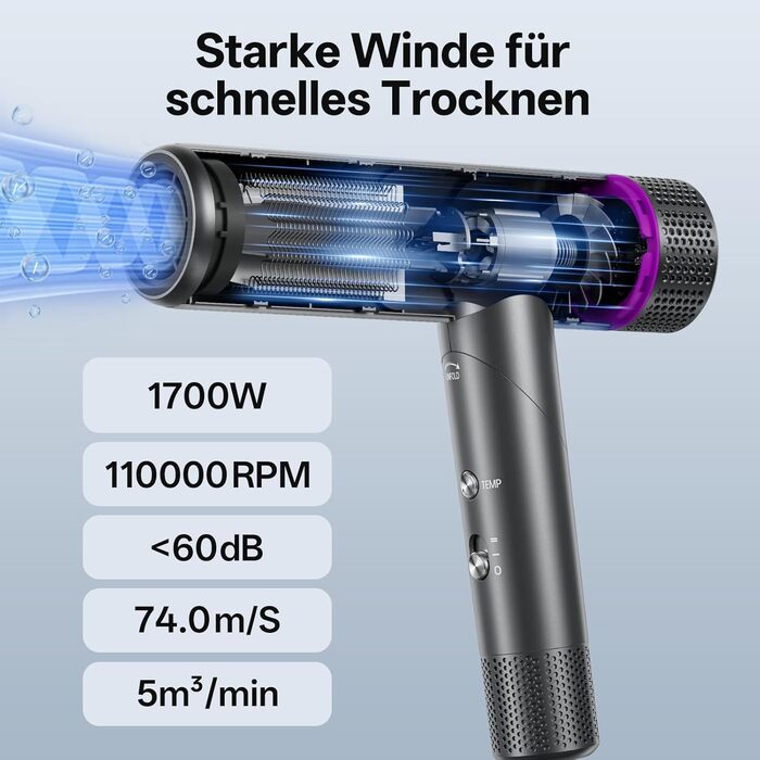 CONFU Professional Ionic Hair Dryer - 1700W Foldable Salon Hair Dryer with Diffuser & Styling Nozzle - Quiet, Long Cord for Home, Salon & Travel