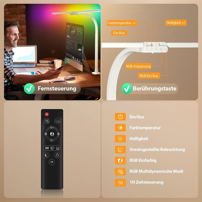 LED лампа настільна з двома головками, регульована яскравість, кріплення на струбцині, захист очей, денне світло, для офісу та ПК, RGB