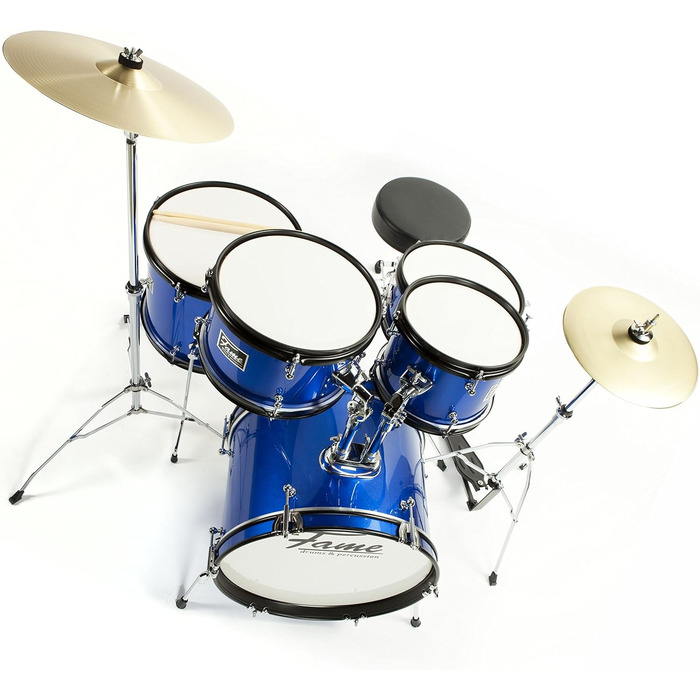 Fame 5-Piece Drum Set Blue: Комплект барабанів з бас-барабаном, томами, малим барабаном, фурнітурою та стільчиком, з аксесуарами та паличками