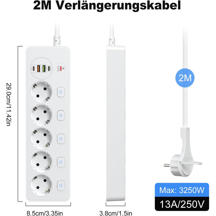 Мережевий адаптер 5-фазний з індивідуальним вимикачем, з 2 USB-A та 2 USB-C, мережевий розподільник 5-фазний з вимикачем, мережева стрічка настінна з 2м кабелем, PD 20W - Білий