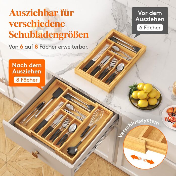 Органайзер для столових приборів Lifewit в шухляду, бамбуковий, 47 см (29-50 см)