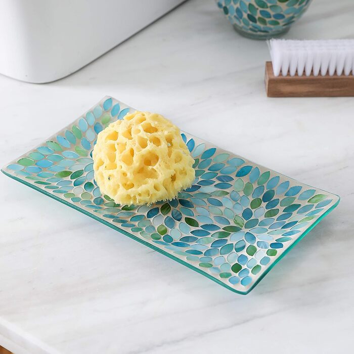 Набір аксесуарів для ванної кімнати KMWARES з мозаїчного скла, 4 шт. (диспенсер для мила, стакан для зубних щіток, піднос для косметики), блакитний, зелений, білий