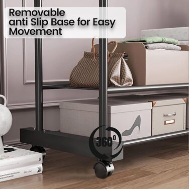 Легкий металевий вішак для одягу на колесах з полицями (білий/чорний)