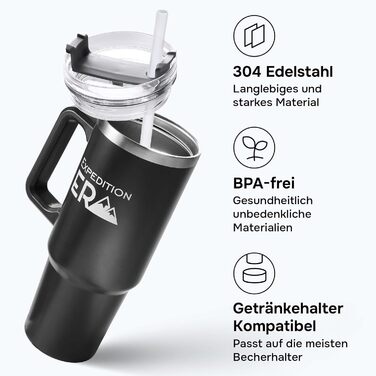 Термокружка з трубочкою 880 мл, з кришкою та ручкою, нержавіюча сталь, ізольована, велика, термокружка-чохайстер, для напоїв, подорожей, кави на виніс XXL (Чорний)