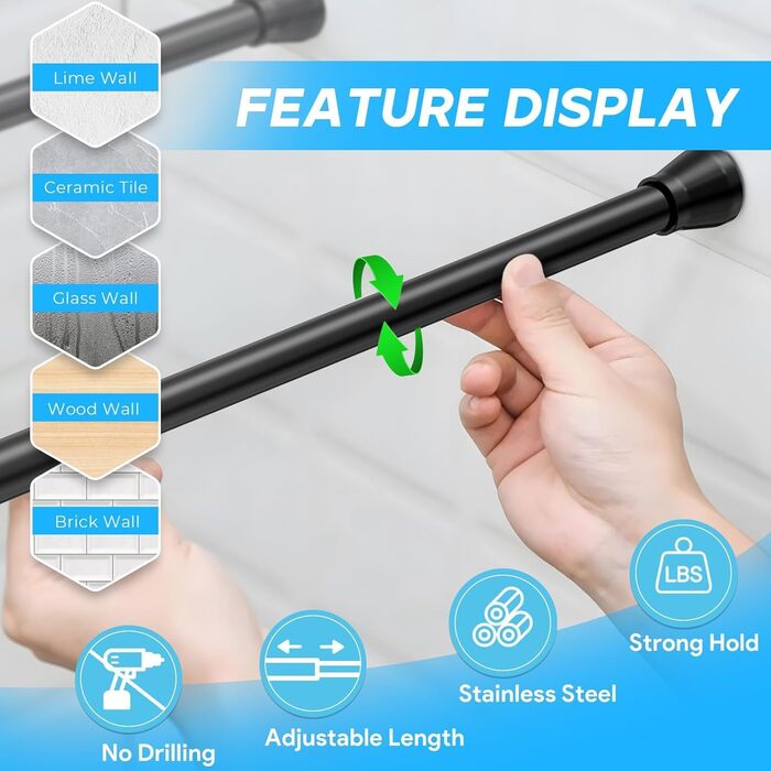 Штанга для карниза без свердління 113-196 см, телескопічна, для душу, фіранки, вікна, кухні, шафи. Набір (4 шт., 41-66 см, чорний)