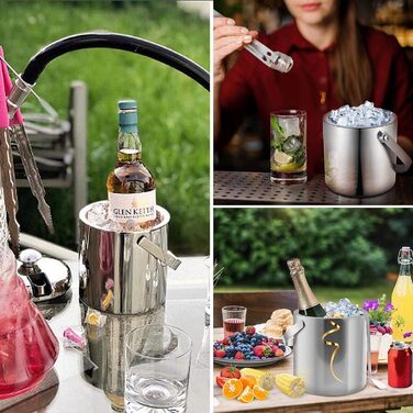 Ейсбкет (відро для льоду) 3L з кришкою, щипцями та ситом, з нержавіючої сталі - для вечірок, ресторанів, пікніків