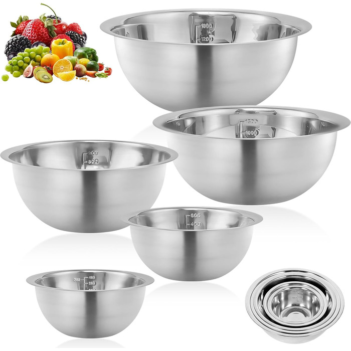 Набір з 5 чаш для перемішування з нержавіючої сталі з мірними позначками, ергономічний дизайн, стійкі до морозу, безпечні для миття в посудомийній машині. Металеві чаші для випічки, приготування їжі, салатів та зберігання продуктів.