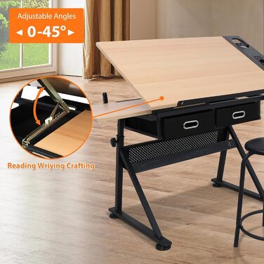 Folding Art Table with Stool and Drawers - Natural Wood Finish