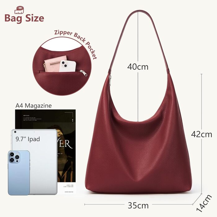 Сумка жіноча KALIDI Shopper з PU шкіри, велика, вінтажна Hobo сумка через плече, бордового кольору для роботи, навчання, повсякденного використання