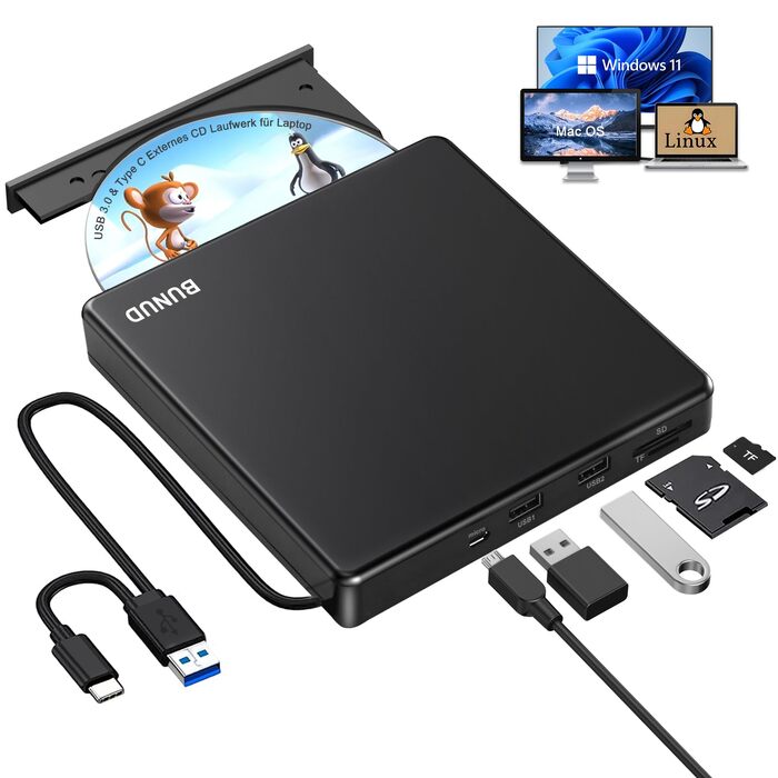 Зовнішній DVD-навігатор та CD-привід BUNUD для Windows 11, Mac, MacBook, PC: USB DVD-записувач та плеєр з картридером SD/TF та 2 USB-портами