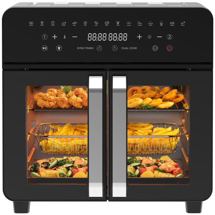 Фритюрниця гарячим повітрям 23л Dual Zone - XXL Airfryer з французькою дверцятами | Фритюрниця-печі з подвійною камерою, 15 програм, 2200W, 12 аксесуарів, знімний роздільник для камери, 50-200°C 23 л Dual