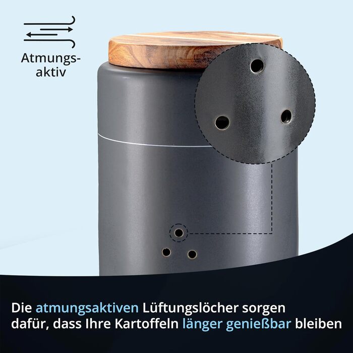 Набір контейнерів для зберігання KHG для кухні антрацитово-сірого кольору з дерев'яною кришкою, контейнери для продуктів з кераміки, стеінгуту, поліровані, з маркуванням, набір органайзерів для кухні, без пластику та світлонепроникні (набір для картоплі, 