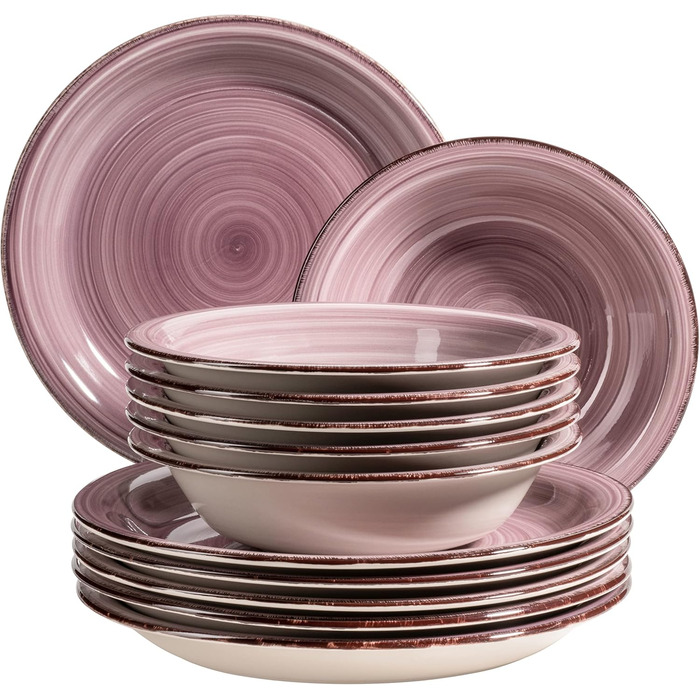 MÄSER 931951 Bel Tempo II, 12-piece tableware set for 6 people with a modern vintage look, hand-painted in the Berry purple hue, stoneware.