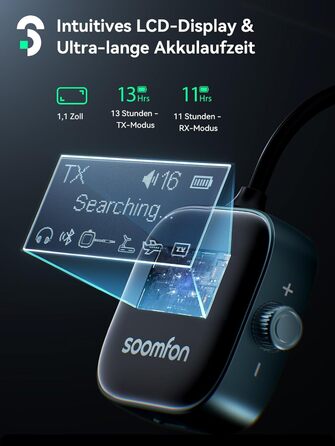 SOOMFON Bluetooth 5.3 Передавач/Приймач 2-в-1: Адаптер для телевізора, фітнесу, навушників (Airpods) з дисплеєм та акумулятором