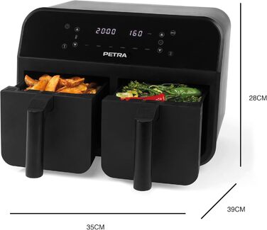 Фритюрниця з гарячим повітрям Petra PT4750BLKVDE, подвійна, 7,4 л, 2400 Вт, 2 антипригарні кошики, 6 програм, чорна