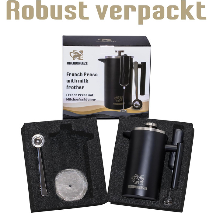 Набір для приготування кави френч-прес, термоізольований, з пітчером для спінювання молока, нержавіюча сталь (чорний, 1 літр)