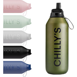 Chilly's Series 2 Flip Bottle - Thermos Flask with Sport Cap, Telescopic Straw, and Nylon Carry Loop - Stainless Steel Bottle with Easy Flip Opening, Includes Straw Cleaning Brush (Ombre - Moss, 500 ml)