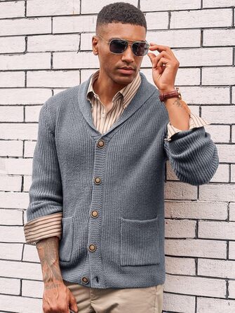 Чоловіча в'язана куртка Runcati з коміром-шарфом, візерунок коси, ґудзикова застібка, зимова, велика в'язана з кишенями, сірий XL