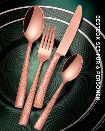 30-Piece Flatware Set, 6 People, Roségold, Thickened Stainless Steel Cutlery Set with Hammered Handle, Dinner Cutlery Set with Knife, Fork, Spoon, Mirror Polished, Dishwasher Safe