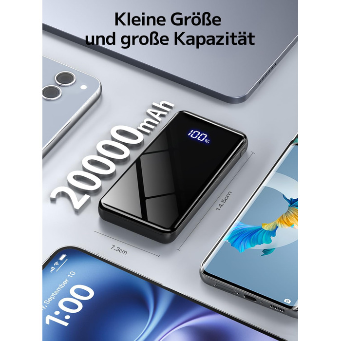 Power Bank 20000mAh з швидкою зарядкою 22,5W USB-C PD3.0 & QC4.0, LED дисплеєм, для iPhone, Galaxy, подорожей та кемпінгу, чорний