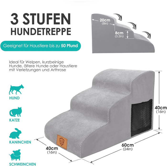 Myiosus Dog Stairs for Small Dogs, 2 Steps Pet Stairs, Waterproof Dog Steps Made of Sponge, Non-Slip Dog Ramp for Sofa Bed, Washable Cover Dog Stairs, Portable Cat Stairs (Dog Stairs 3 Steps, Grey)