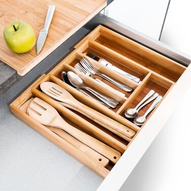 Relaxdays Bamboo Cutlery Box with Pull-out Tray