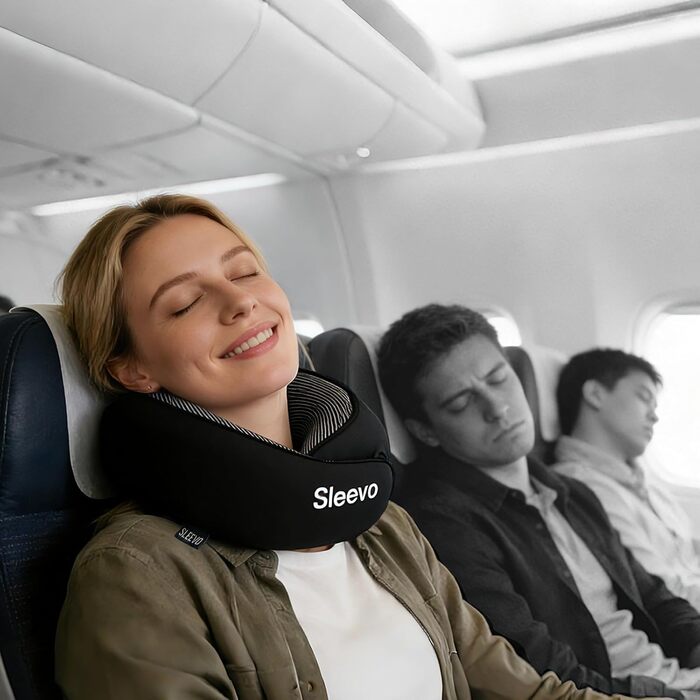 Подушка для шиї з Memory Foam - Подушка-вишенка для подорожей - Ергономічна подушка для літака та подорожей, з сонцезахистом та можливістю прання, з чохлом - Чорний (L)