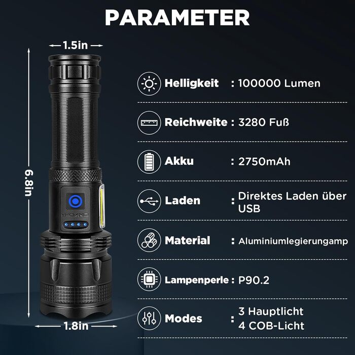 Ліхтарик ZEUSFIRE LED 100000 люменів, надяскравий, тактичний, 7 режимів, зум, водонепроникний IPX7, акумуляторний, для кемпінгу, туризму, outdoor