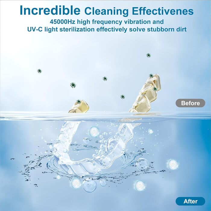 Ультразвуковий очищувач для кап, брекетів та елайнерів з УФ-стерилізацією 45 кГц, 4 режими, 200 мл, чорний