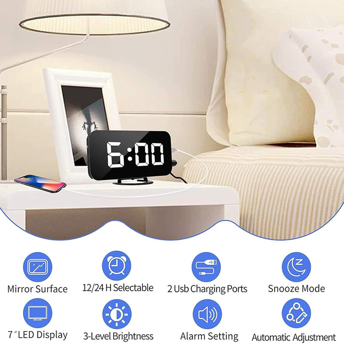 Цифровий годинник-дзеркало SZELAM з LED-дисплеєм 7 дюймів, 2 USB-роз'єми, функція відкладання, автоматичне регулювання яскравості, для дому