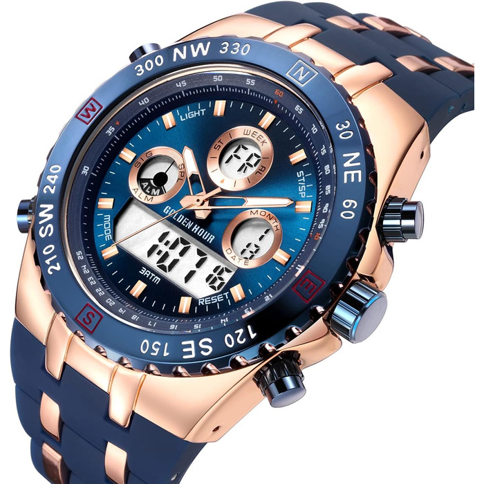 Чоловіжі військові спортивні годинники: цифрові, аналогові, з датою, будильником, світосвітністю, секундоміром. Великі годинники для чоловіків (Rose Gold Blue)