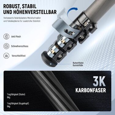 Карбоновий штатив Neewer LT36 (184 см) з кулястою головкою 360°, легкий трипід для відеокамер та фотоапаратів, Arca-Swiss QR-платформа, сумісність з Peak Design Capture V3