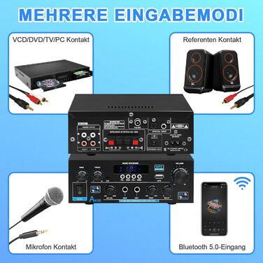 HiFi підсилювач AK55 Bluetooth, стерео аудіо підсилювач 2-канальний, 2x70Вт (макс. 600Вт), цифровий саунд підсилювач 12В/220В для дому та авто