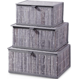 Honeycomb Storage Basket with Lid, Woven - Bamboo Decor Storage Boxes, Set of 3 Rattan Basket with Lid Woven Fabric Insert for Bathroom Kitchen Shelf Organization (Large/Medium/Small) (Gray Marble)