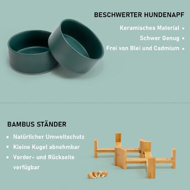 SpunkyJunky Adjustable Ceramic Dog Bowls - 2 Pack, 850ml, Green - Tiltable Pet Food Bowls for Dogs, Cats & Puppies with Bamboo Stand