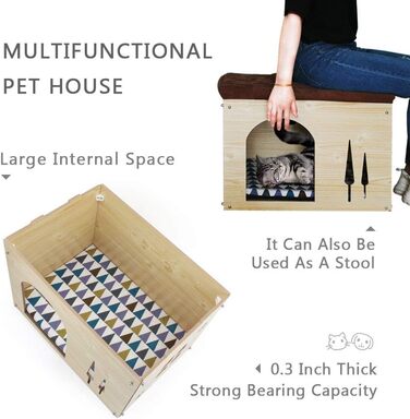 Wooden Dog House with Mattress - Detachable Cat House in Shoe Locker Shape - Indoor Pet House for Cats, Puppies, Dogs & Small Animals - All Seasons Pet Nest - Beige, Large (L)