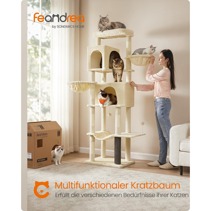 Двоповерховий котячий будиночок Feandrea з 2 печерами, 2 лежаками, 5 стовпчиками для шліфування та великою платформою, 175 см, пісочно-бежевий