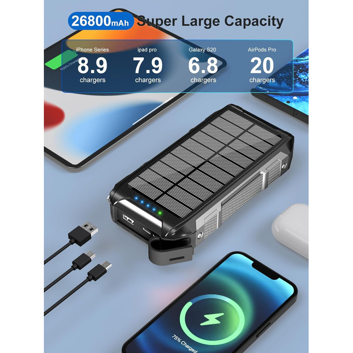 Портативний зарядний акумулятор Solar Powerbank 26800mAh з MagSafe, 30W USB-C, бездротовий заряд 15W, LED, ліхтарик, чорний