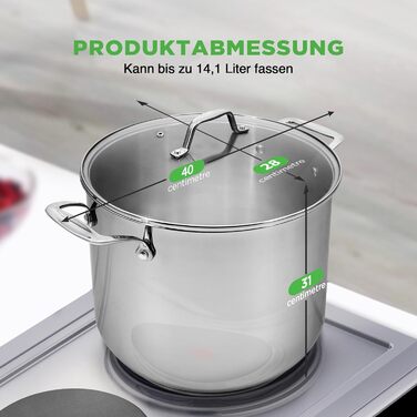 Каструля NutriChef 40 см, 14 л, з кришкою, нержавіюча сталь, для індукції, газу, електро, посудомийної машини, супова, для великих об'ємів